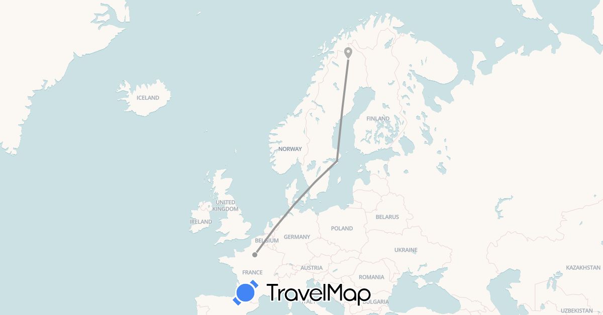 TravelMap itinerary: driving, plane in France, Sweden (Europe)